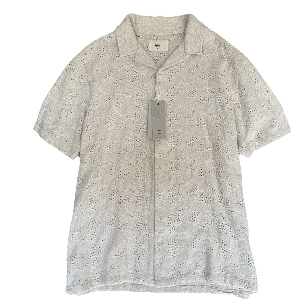 New FOLK Size XL Shirt Men's Button‎ Down Linen Blend White Eyelet MSRP $181